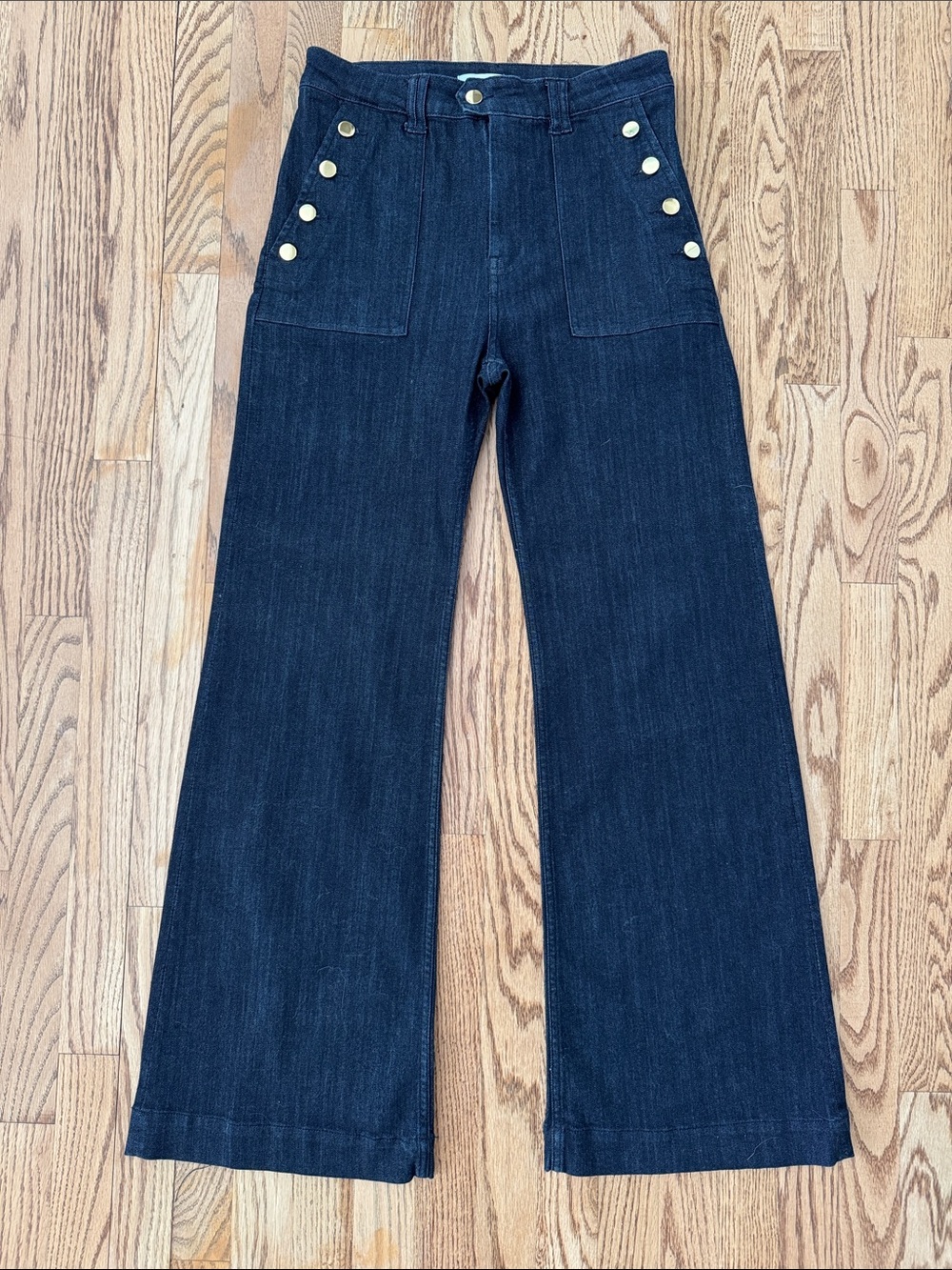 H&M Sailor Nautical Dark Blue High-Rise Wide Leg Jeans with Gold Buttons